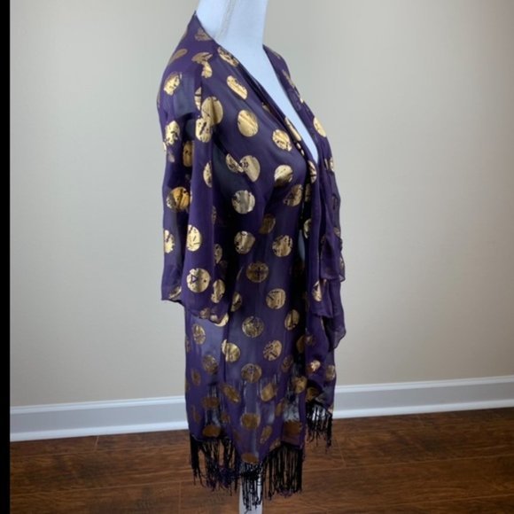 LulaRoe Purple & Gold Polka Dot Fringe Boho Kimono‎ small - Picture 10 of 16